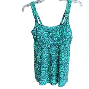 L.L. BEAN Green & Navy Paisley Print Flutter Tankini Top ONLY in Size XS